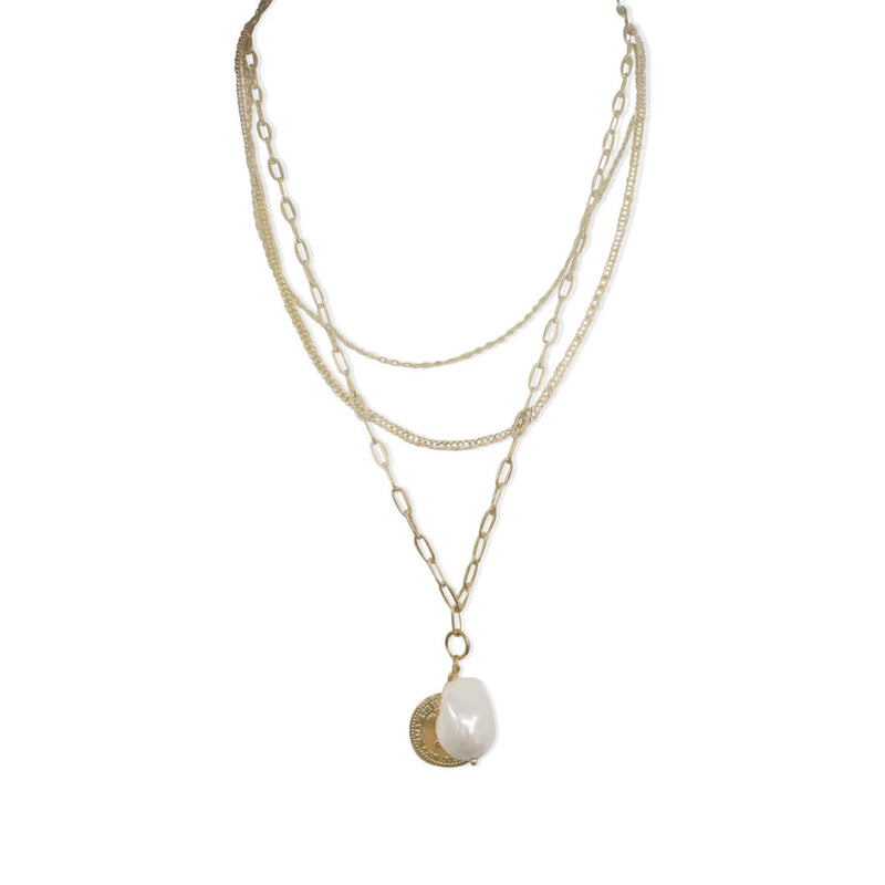 Steel Me Yellow Gold Triple Chain & Pearl Necklace