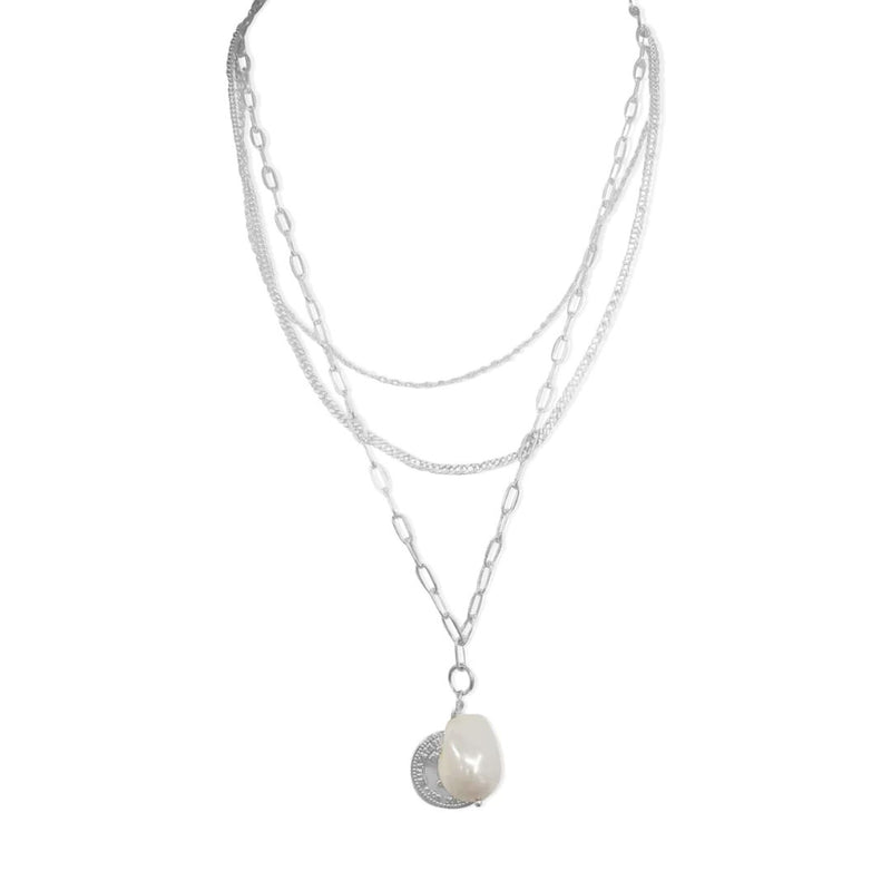 Steel Me Silver Triple Chain & Pearl Necklace